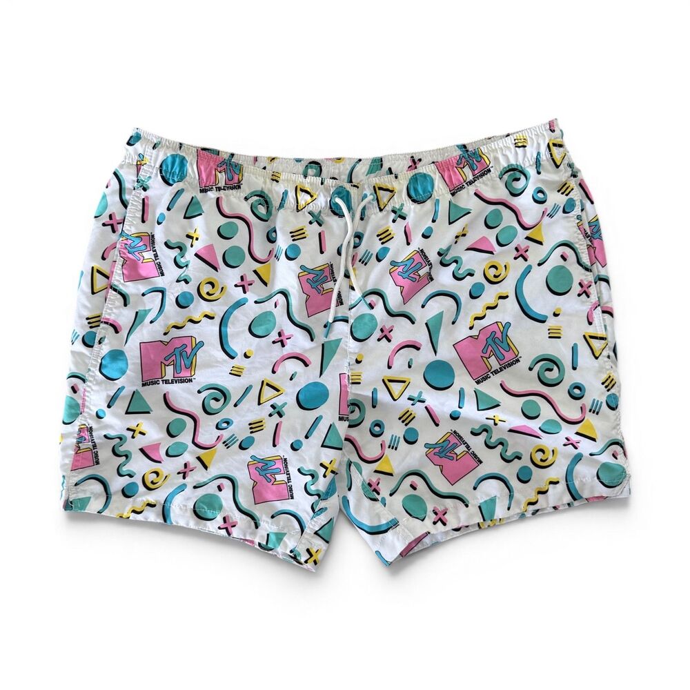 MTV Music Television Swim Trunks Mens XL Retro 80s 90s Geometric Beach Shorts